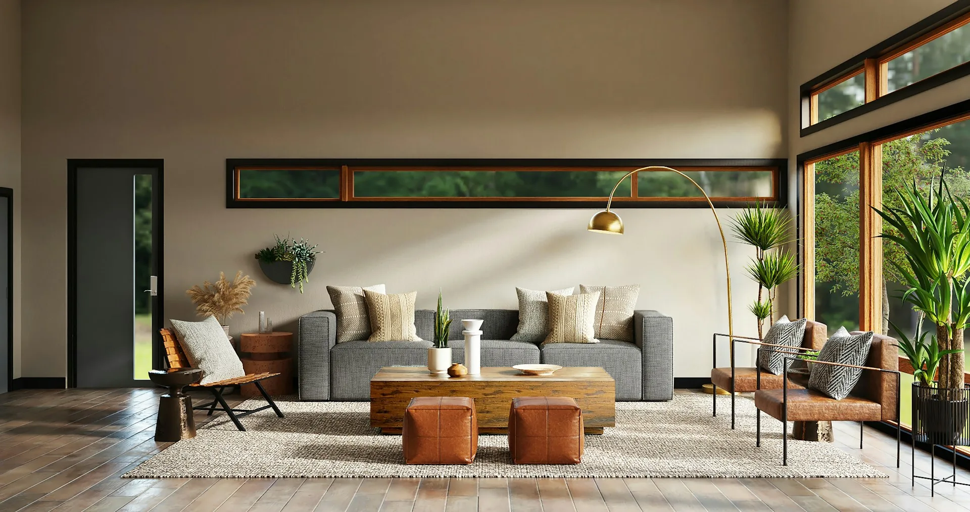 Living room with a long window onto the garden
